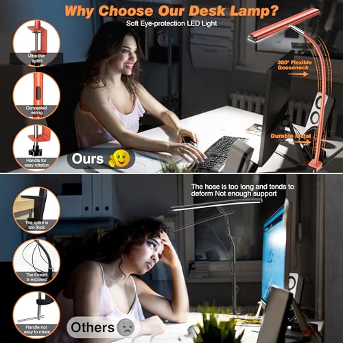 LED Desk Lamp for Office Home, Eye-Caring Desk Light with Stepless Dimming Adjustable Flexible Gooseneck, 10W USB Adapter Desk Lamp with Clamp for Reading, Study, Workbench (Black)