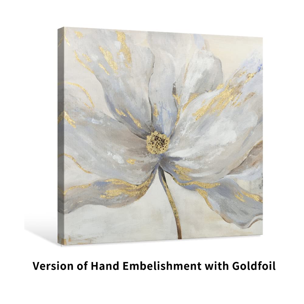 Goldfoilart Décoration murale florale moderne en fleurs blanches avec peintures en feuille d'or, œuvres d'art encadrées pour salon, chambre à coucher, cuisine, 61 x 61 cm x 2 pièces 