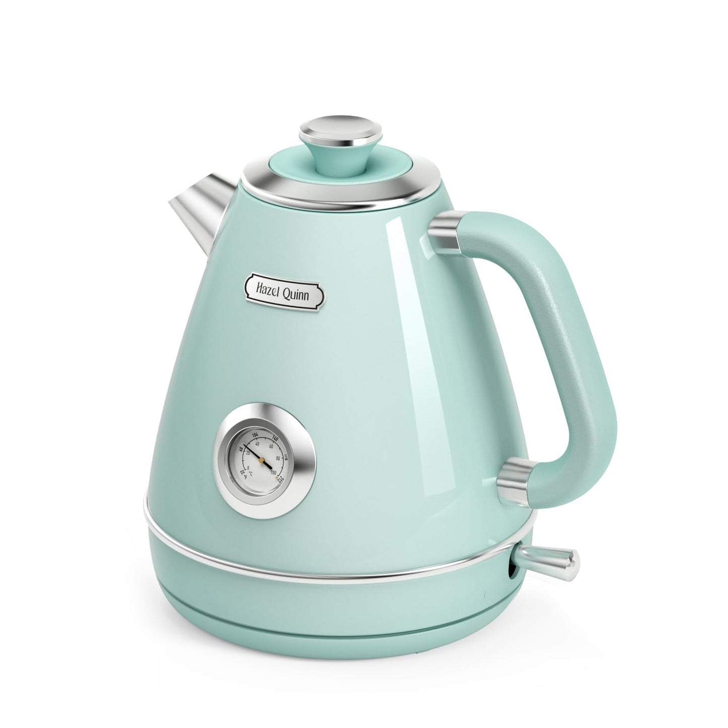 Hazel Quinn Retro Electric Kettle - 1.7 Liters / 57.5 Ounces Tea Kettle with Thermometer, All Stainless Steel, 1200 Watts Fast Boiling, BPA-free, Cordless, Automatic Shut Off.