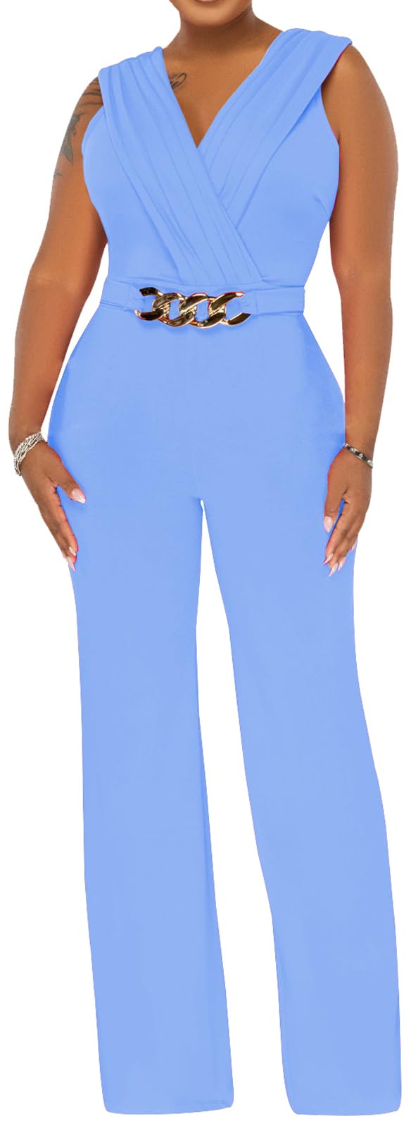 Damen Sommer Formal Elegante Jumpsuits V-Ausschnitt Ärmellos Party Strampler Stretch Wickel Weites Bein Lange Hose Clubwear 