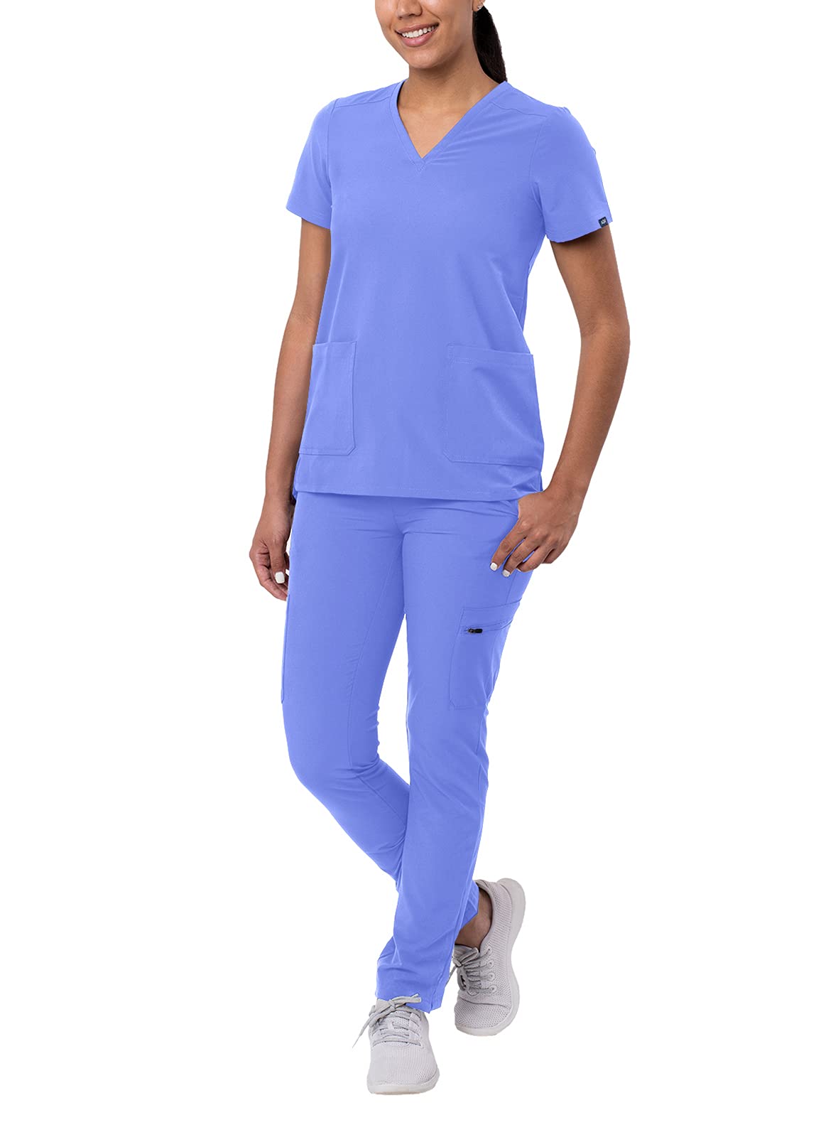 Adar Addition Go-Basic Scrub Set for Women - Slim V-Neck Scrub Top & Skinny Cargo Scrub Pants