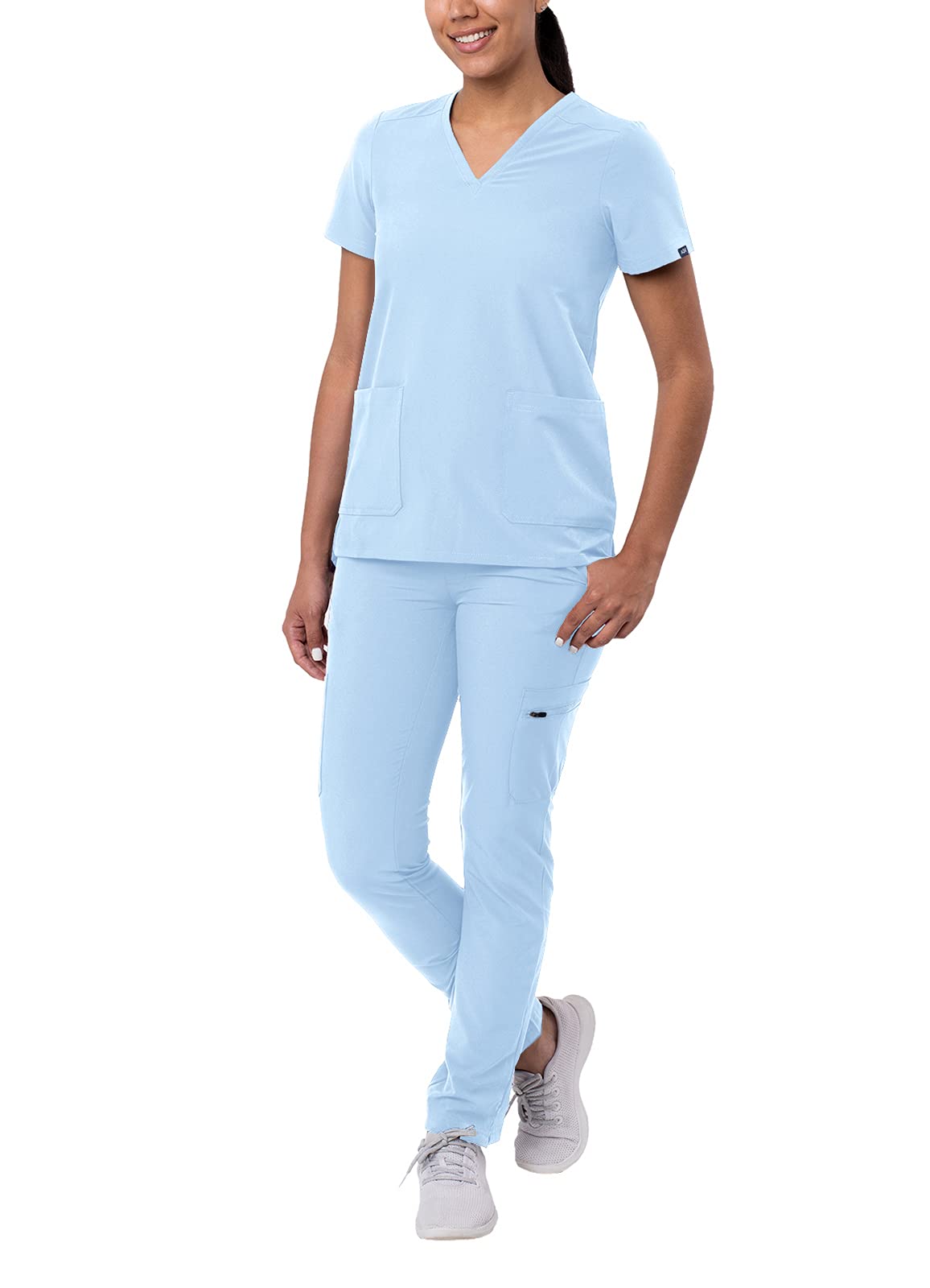 Adar Addition Go-Basic Scrub Set for Women - Slim V-Neck Scrub Top & Skinny Cargo Scrub Pants