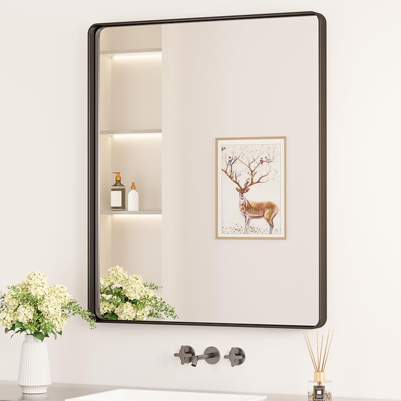 Keonjinn Black Mirror for Bathroom Sink, 24 x 30 Inch Sandblasted Finish Aluminum Wall Mirrors, Matte Black Rectangle Farmhouse Mirror with Shatterproof HD Tempered Glass, Anti-Rust Metal Frame