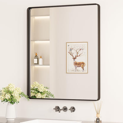 Keonjinn Black Mirror for Bathroom Sink, 24 x 30 Inch Sandblasted Finish Aluminum Wall Mirrors, Matte Black Rectangle Farmhouse Mirror with Shatterproof HD Tempered Glass, Anti-Rust Metal Frame
