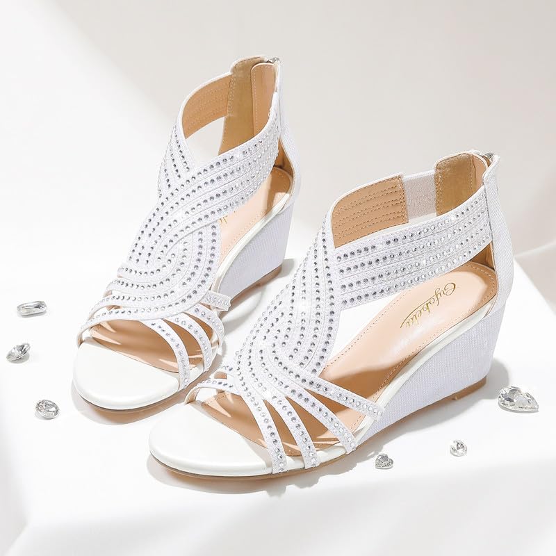 Damen Keilsandalen mit glitzernden Strasssteinen, offene Zehenpartie, modische, elegante Sandalen für Abendveranstaltungen, Hochzeiten und Abschlussbälle 