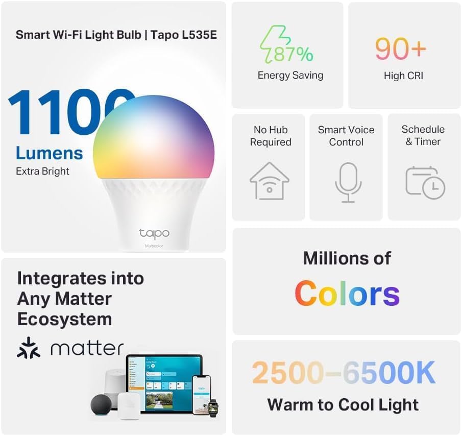 Smart WiFi Light Bulb, 1100 Lumens (75W), Matter-Certified, 16M Colors, Dimmable – Works with Alexa, Siri & Google