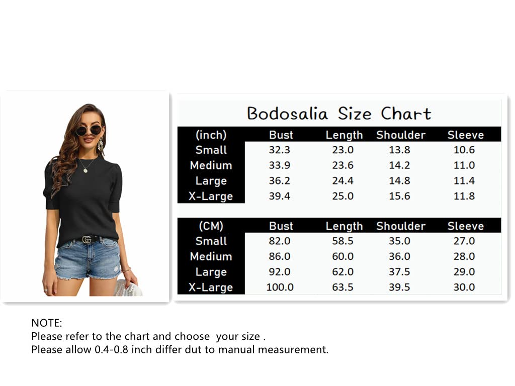 Bodosalia Womens Puff Short Sleeve Sweater Crew Neck Pullover Tops Ribbed Knit Sweater Blouse