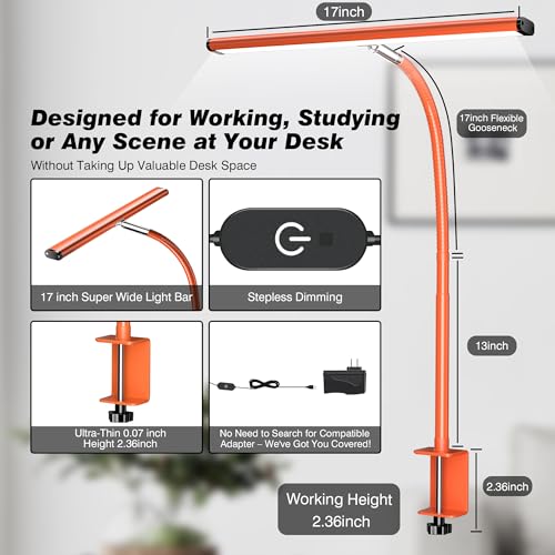 LED Desk Lamp for Office Home, Eye-Caring Desk Light with Stepless Dimming Adjustable Flexible Gooseneck, 10W USB Adapter Desk Lamp with Clamp for Reading, Study, Workbench (Black)