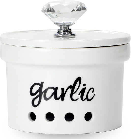HAOTOP Garlic Keeper with Crystal Lid, 12.5 oz Ceramic Garlic Saver Container for Countertop, Farmhouse Kitchen Decor (Silver)