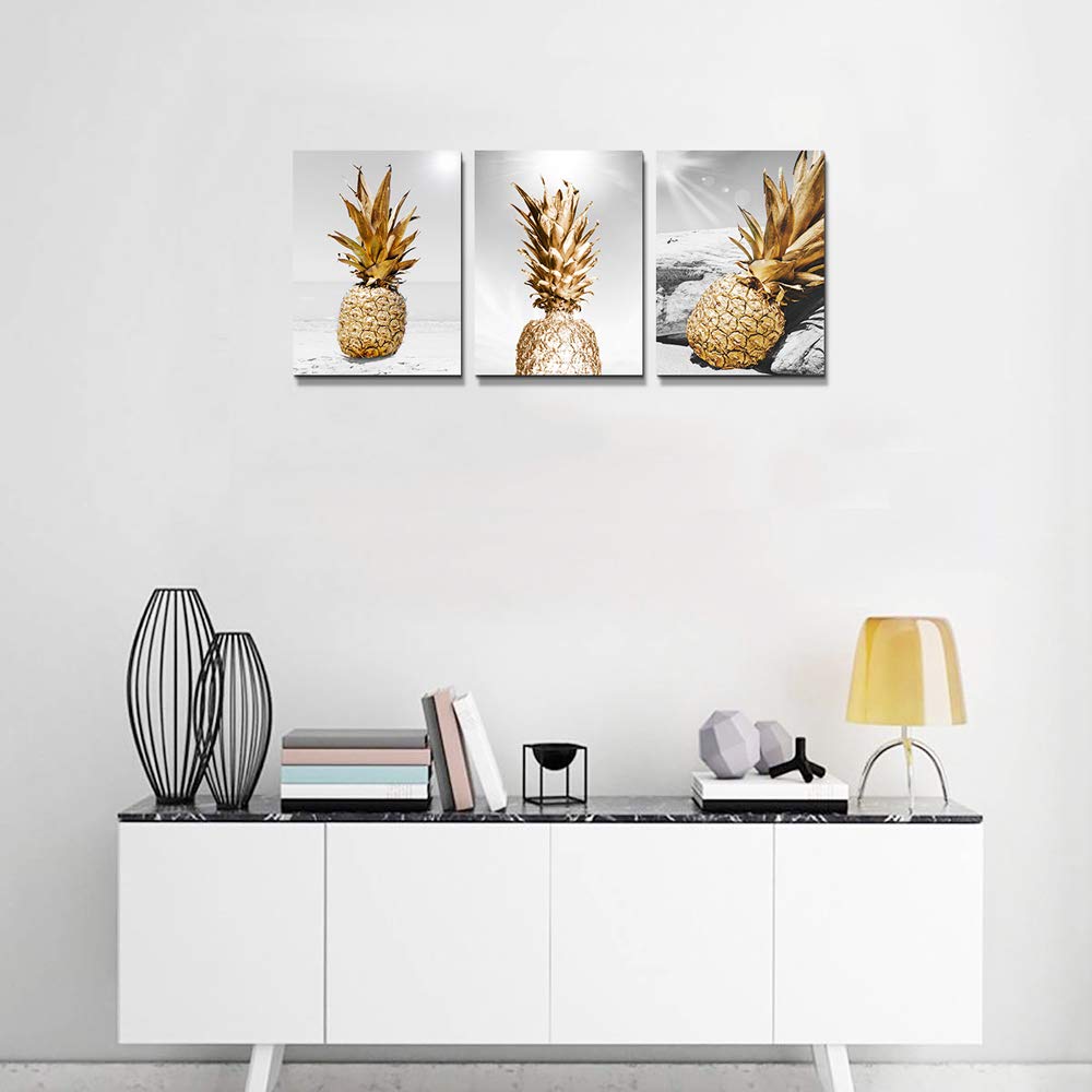 TTHYUEWS Canvas Wall Art for bar kitchen Living Room Office Bathroom home decoration Board Black and white Beach scenery golden Pineapple pictures Artwork restaurant Wall Decor Ready to Hang