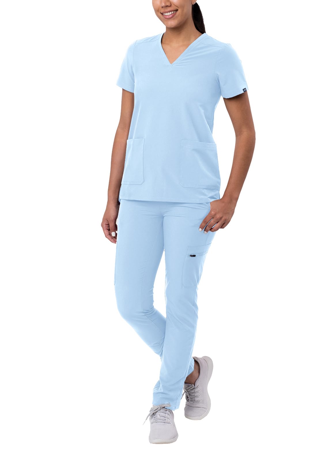 Adar Addition Go-Basic Scrub Set for Women - Slim V-Neck Scrub Top & Skinny Cargo Scrub Pants