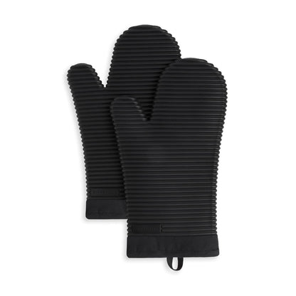 KITCHENAID Ribbed Soft Silicone Oven Mitt 2-Pack Set, Matte Black, 7.5"x13"