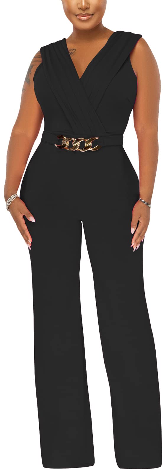 Damen Sommer Formal Elegante Jumpsuits V-Ausschnitt Ärmellos Party Strampler Stretch Wickel Weites Bein Lange Hose Clubwear 