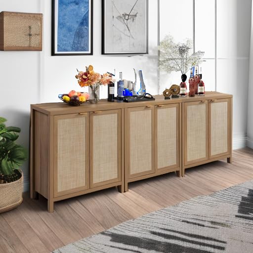 SICOTAS Rattan-Sideboard, Buffetschrank – großer Küchenschrank im Boho-Stil mit Rattan-Aufbewahrung – Holz-Kaffeebar-Schrank, Buffet-Konsolentisch für Esszimmer, Wohnzimmer, Flur – Natur 