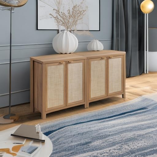 SICOTAS Rattan-Sideboard, Buffetschrank – großer Küchenschrank im Boho-Stil mit Rattan-Aufbewahrung – Holz-Kaffeebar-Schrank, Buffet-Konsolentisch für Esszimmer, Wohnzimmer, Flur – Natur 