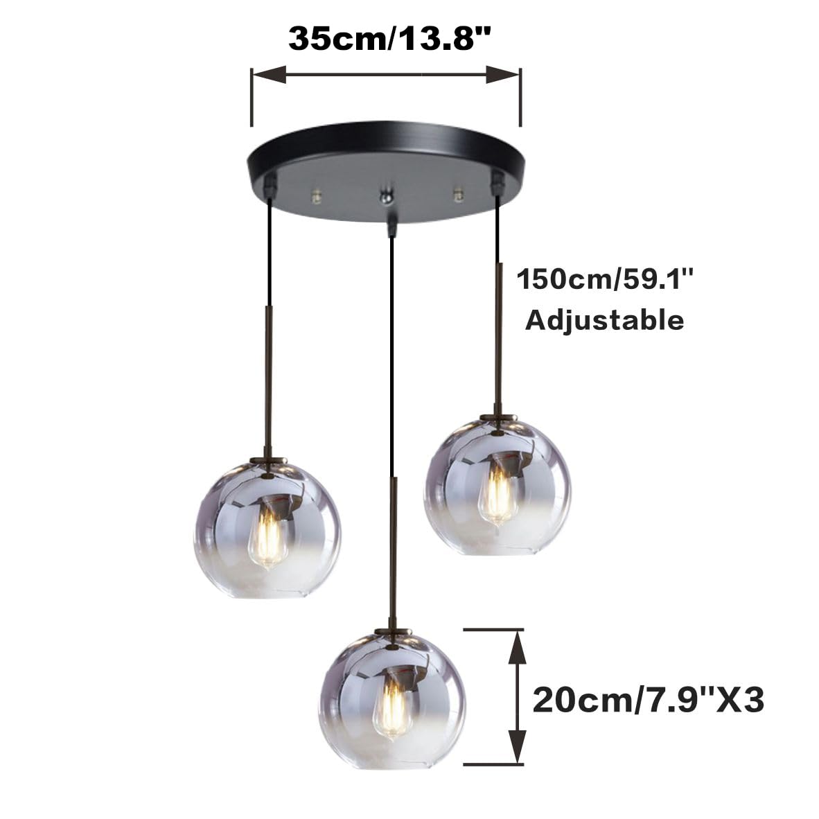 KCO Lighting Suspension en grappe dorée à 3 lampes Suspension en grappe Grandes suspensions en verre Lustre à bulles pour îlot de cuisine Suspension moderne du milieu du siècle 