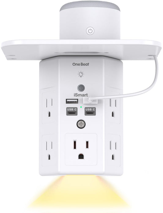 Multiprises, rallonge de prise murale avec veilleuse et étagère de prise, parasurtenseur 4 ports USB (2 USB C), chargeur mural USB, multiprise, répartiteur de prise électrique pour le bureau à domicile 