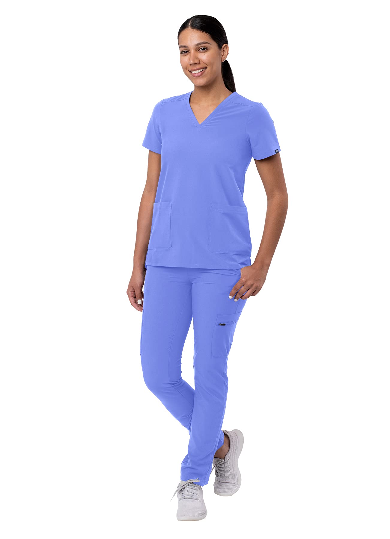 Adar Addition Go-Basic Scrub Set for Women - Slim V-Neck Scrub Top & Skinny Cargo Scrub Pants