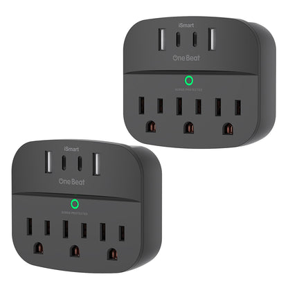 2-Pack Surge Protector Outlet Extender – 3 AC Outlets, 4 USB Ports (2 USB-C) – 490J Multi Plug Splitter, ETL Listed (Black)