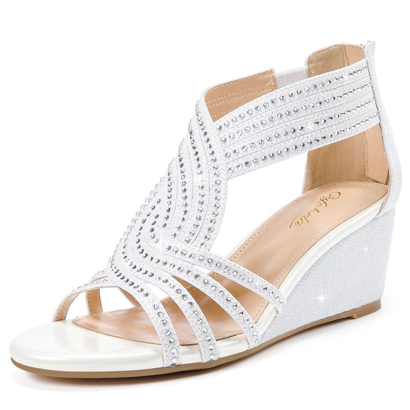 Damen Keilsandalen mit glitzernden Strasssteinen, offene Zehenpartie, modische, elegante Sandalen für Abendveranstaltungen, Hochzeiten und Abschlussbälle 