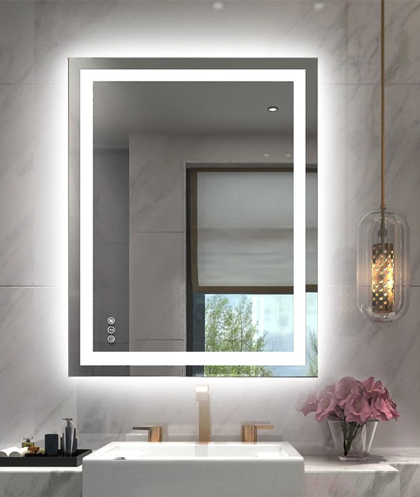 Amorho 20"x 28" LED Bathroom Mirror with Black Frame, Front Light and Backlit(Controlled Separately), Stepless Dimmable, Anti-Fog, Shatter-Proof, 3 Colors, Memory