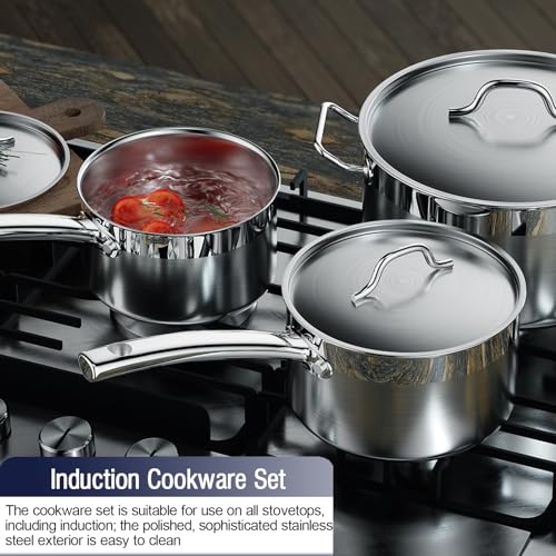 Batterie de cuisine standard Cooks en acier inoxydable, casseroles et poêles professionnelles comprenant une casserole, une sauteuse, une marmite avec couvercles, 8 pièces, argent 