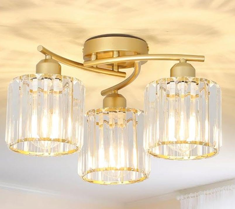 3-Light Crystal Semi Flush Mount Ceiling Light | Black Modern Fixture for Kitchen, Hallway & Bedroom