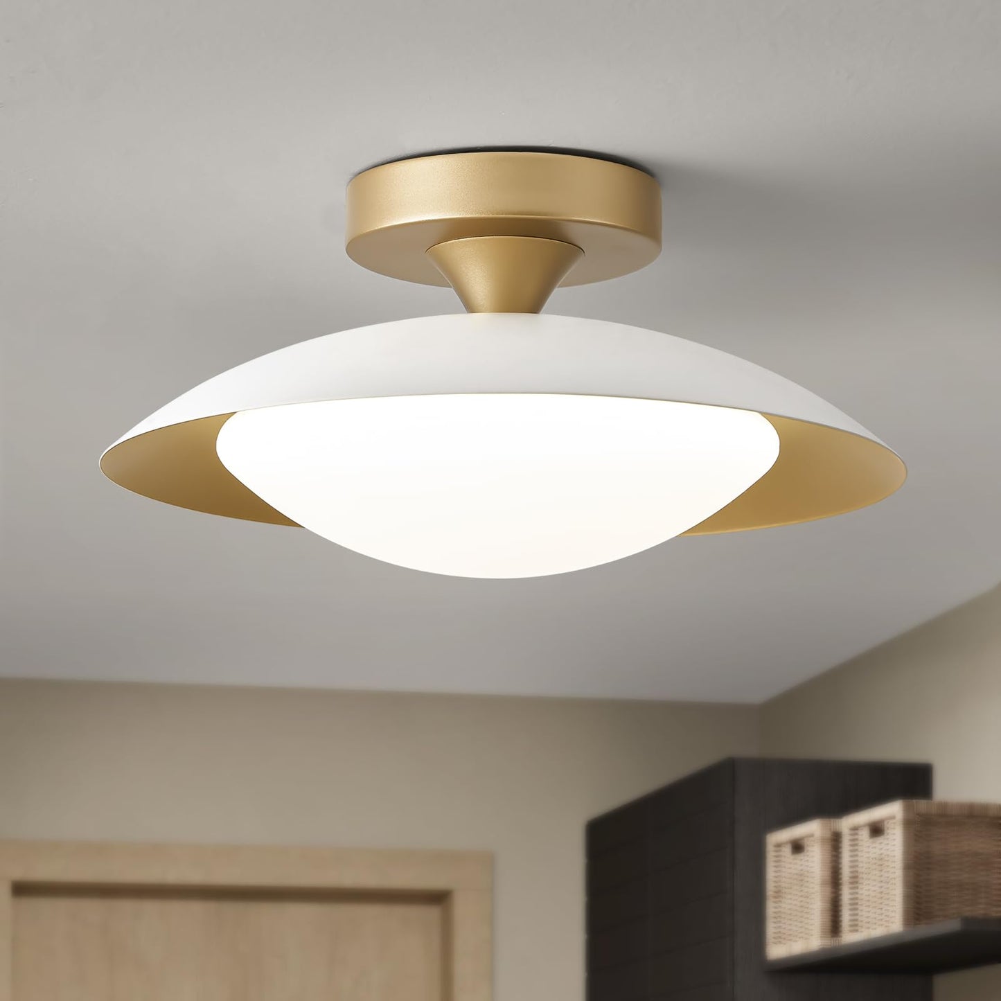 Dimmable Mid Century Modern Semi Flush Mount Ceiling Light with Acrylic Shade,Black Gold LED Ceiling Light,5CCT 2700K-6000K Light Fxiture for Hallway Bedroom Kitchen Laundry Room Living Room 15.7 in