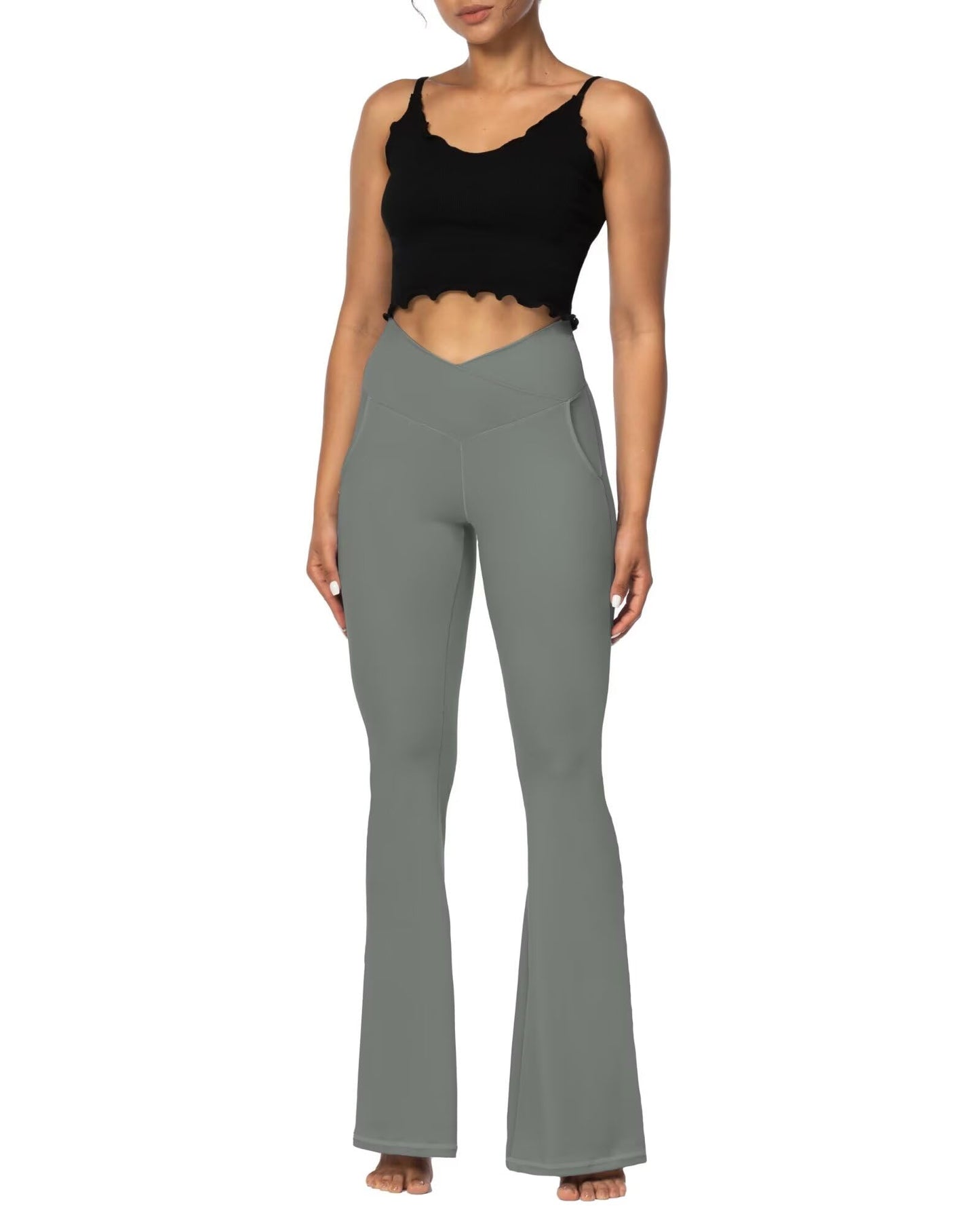 Sunzel Flare Leggings for Women with Pockets, Crossover Yoga Pants with Tummy Control, High Waisted and Wide Leg