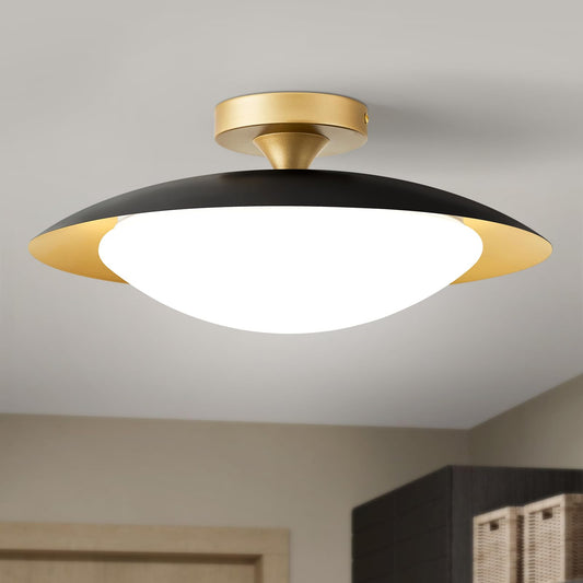 Dimmable Mid Century Modern Semi Flush Mount Ceiling Light with Acrylic Shade,Black Gold LED Ceiling Light,5CCT 2700K-6000K Light Fxiture for Hallway Bedroom Kitchen Laundry Room Living Room 15.7 in