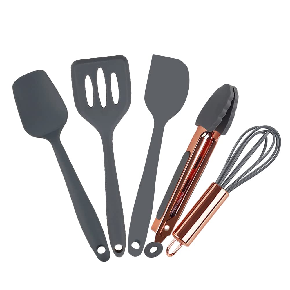 Mini ustensiles de cuisine en or rose et gris, ensemble de cinq petits outils de cuisine en silicone pour enfants, fouet, spatule, pince, cuillère et spatule à fentes pour la cuisine (fournitures de pâtisserie pour enfants) gris 