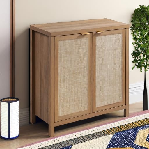 SICOTAS Rattan-Sideboard, Buffetschrank – großer Küchenschrank im Boho-Stil mit Rattan-Aufbewahrung – Holz-Kaffeebar-Schrank, Buffet-Konsolentisch für Esszimmer, Wohnzimmer, Flur – Natur 