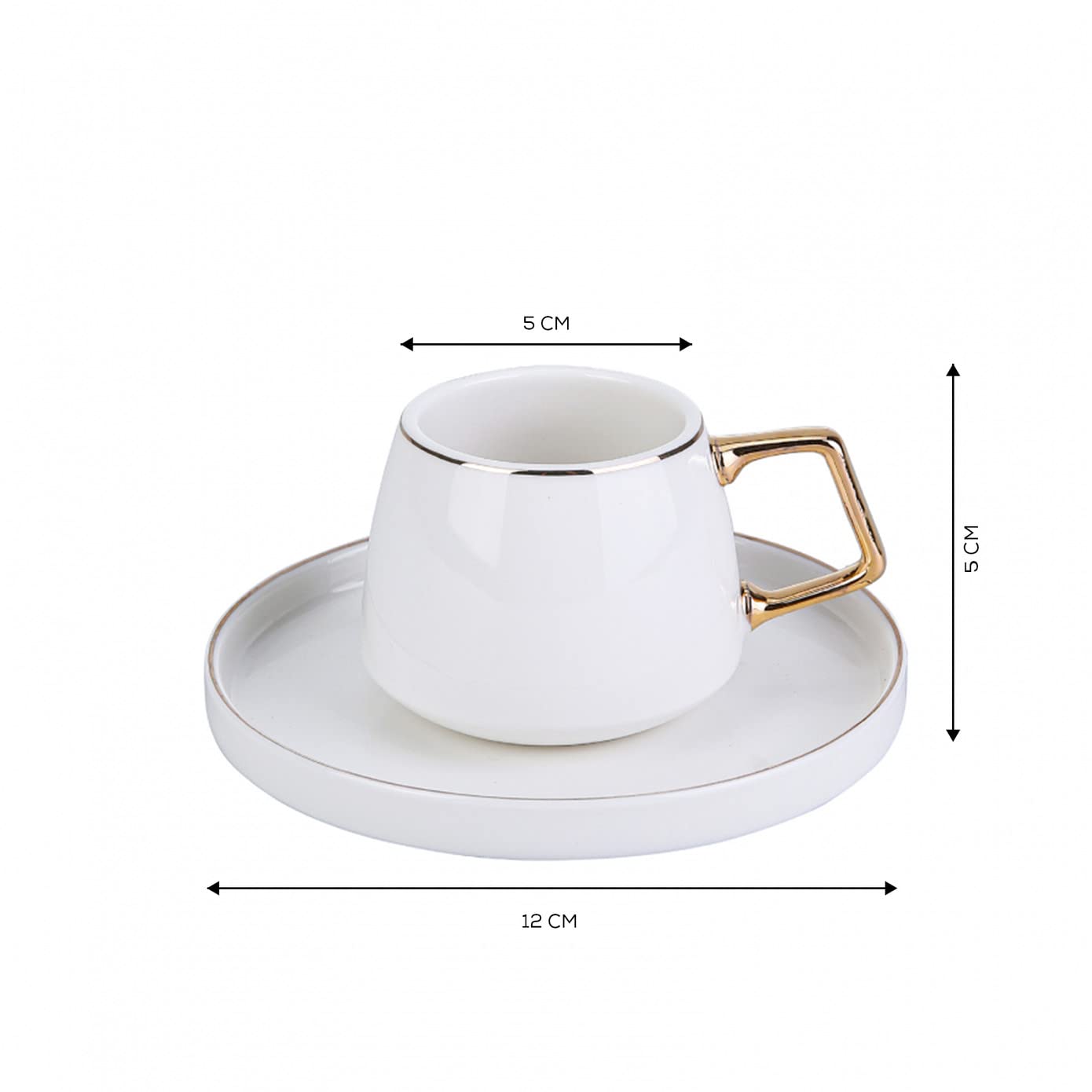 Lot de 6 tasses à café turques KARACA Globe, 80 ml, 2,7 oz, petites tasses à expresso avec soucoupes, porcelaine, motifs noirs et poignées dorées, idéales pour servir du café, de l'espresso et du cappuccino 