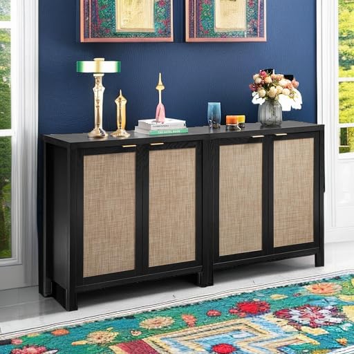 SICOTAS Rattan-Sideboard, Buffetschrank – großer Küchenschrank im Boho-Stil mit Rattan-Aufbewahrung – Holz-Kaffeebar-Schrank, Buffet-Konsolentisch für Esszimmer, Wohnzimmer, Flur – Natur 