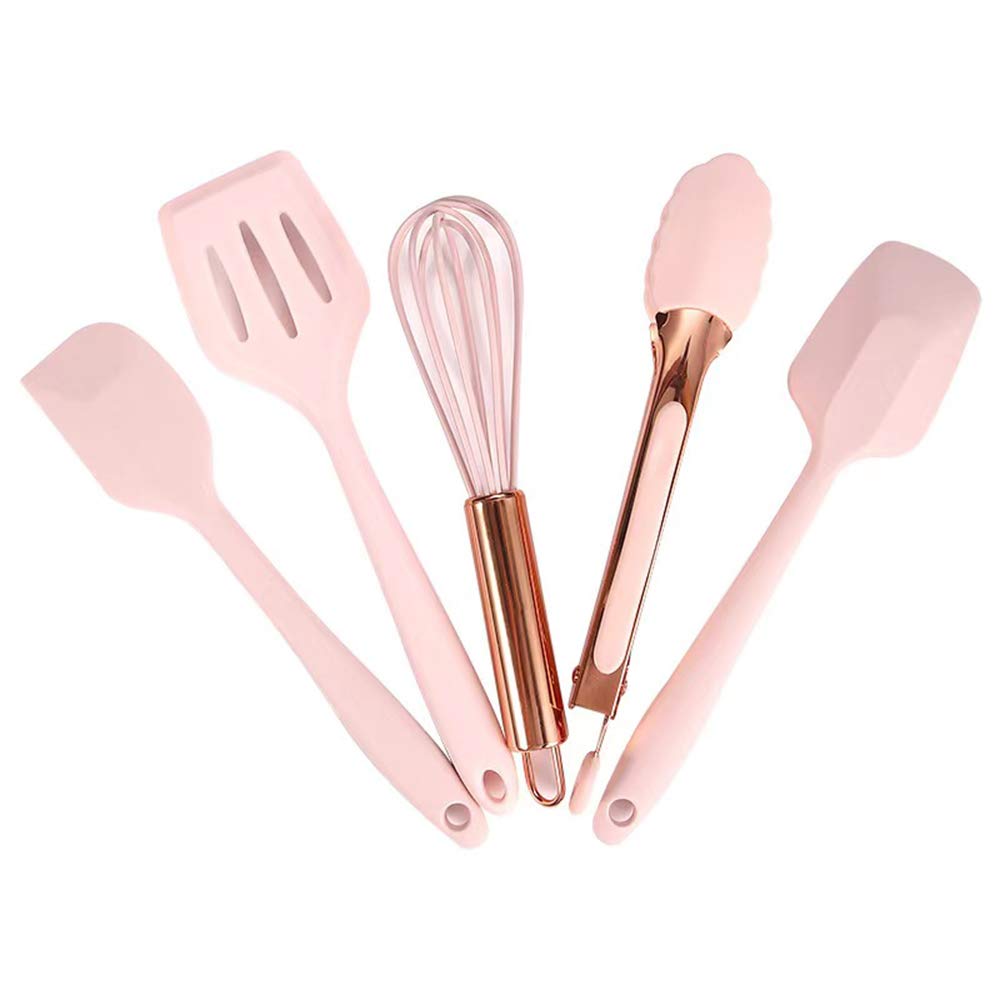 Mini ustensiles de cuisine en or rose et gris, ensemble de cinq petits outils de cuisine en silicone pour enfants, fouet, spatule, pince, cuillère et spatule à fentes pour la cuisine (fournitures de pâtisserie pour enfants) gris 