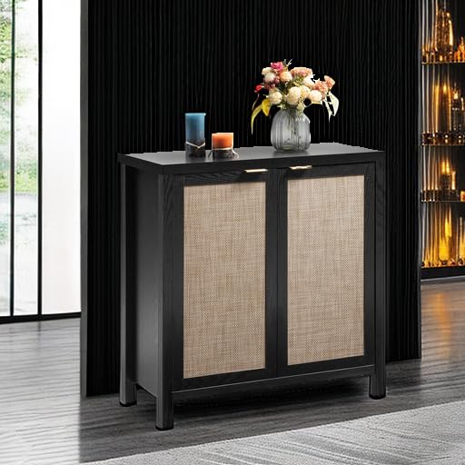 SICOTAS Rattan-Sideboard, Buffetschrank – großer Küchenschrank im Boho-Stil mit Rattan-Aufbewahrung – Holz-Kaffeebar-Schrank, Buffet-Konsolentisch für Esszimmer, Wohnzimmer, Flur – Natur 