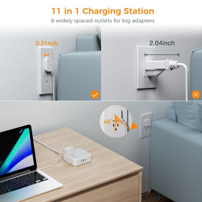 Surge Protector Flat Extension Cord Flat Plug Power Strip, 8 AC Outlets, 3 USB Charger(1 USB C Port) 3-Sided Outlet Extender, 5 Ft, 900 Joules Protection