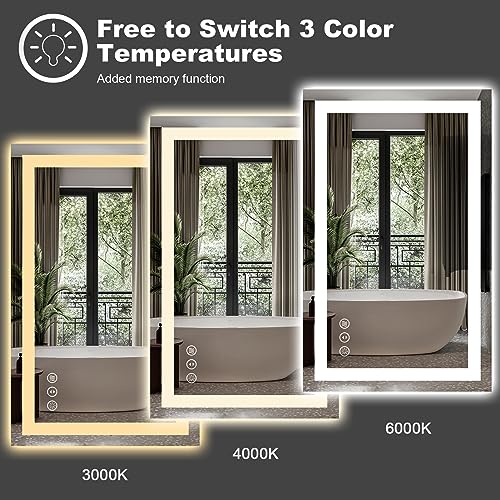 Amorho 20"x 28" LED Bathroom Mirror with Black Frame, Front Light and Backlit(Controlled Separately), Stepless Dimmable, Anti-Fog, Shatter-Proof, 3 Colors, Memory