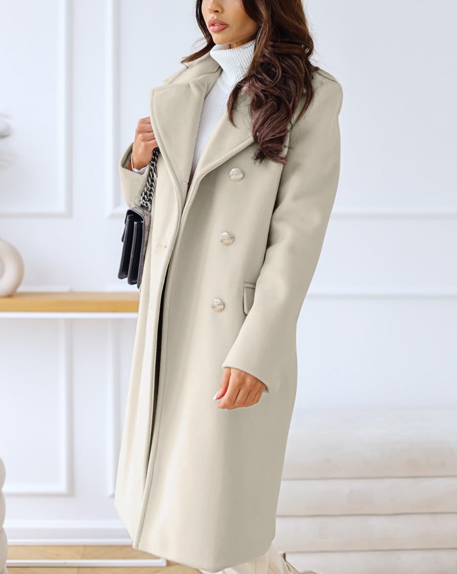 chouyatou Damen Wintermantel mit Revers, zweireihig, für Büro und Arbeit, lang, Wolle, Peacoat 