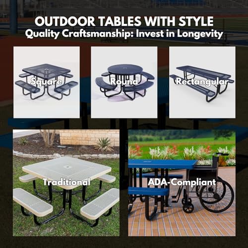 Coated Outdoor Furniture Heavy-Duty Portable Outdoor Picnic Table with Umbrella Hole, Expanded Metal Commercial-Grade Patio Dining Furniture Made in America (46" Square Top, Green)