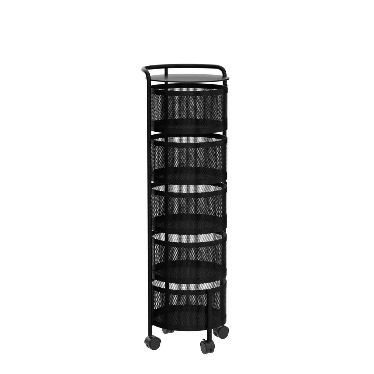 No Assembly Required Vegetable Storage Rack, 4-Tier Rotating Fruit Basket with Wheels, Heavy Duty Carbon Steel Kitchen Storage Cart