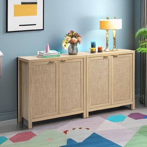 SICOTAS Rattan-Sideboard, Buffetschrank – großer Küchenschrank im Boho-Stil mit Rattan-Aufbewahrung – Holz-Kaffeebar-Schrank, Buffet-Konsolentisch für Esszimmer, Wohnzimmer, Flur – Natur 