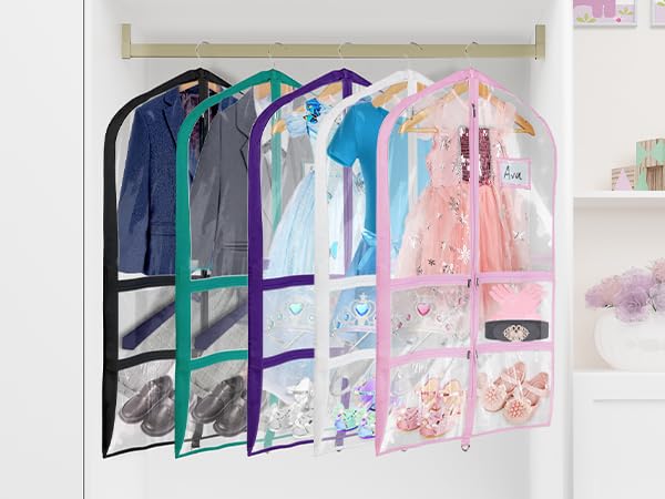 Univivi Clear PVC Dance Costume Bags (3 Pack) Garment Bag 40 Inch for Dance Competitions, with 4 Medium Clear Zipper Pockets and 1 Large Back Zippered Pocket [Upgraded Version]