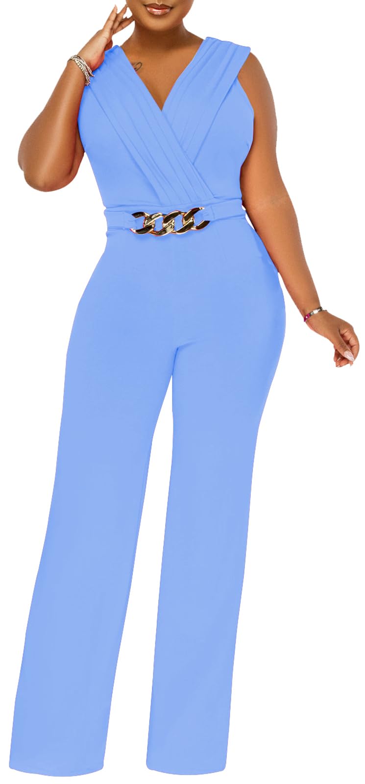 Women's Summer Formal Dressy Jumpsuits Elegant V Neck Sleeveless Party Rompers Stretchy Wrap Wide Leg Long Pants Clubwear