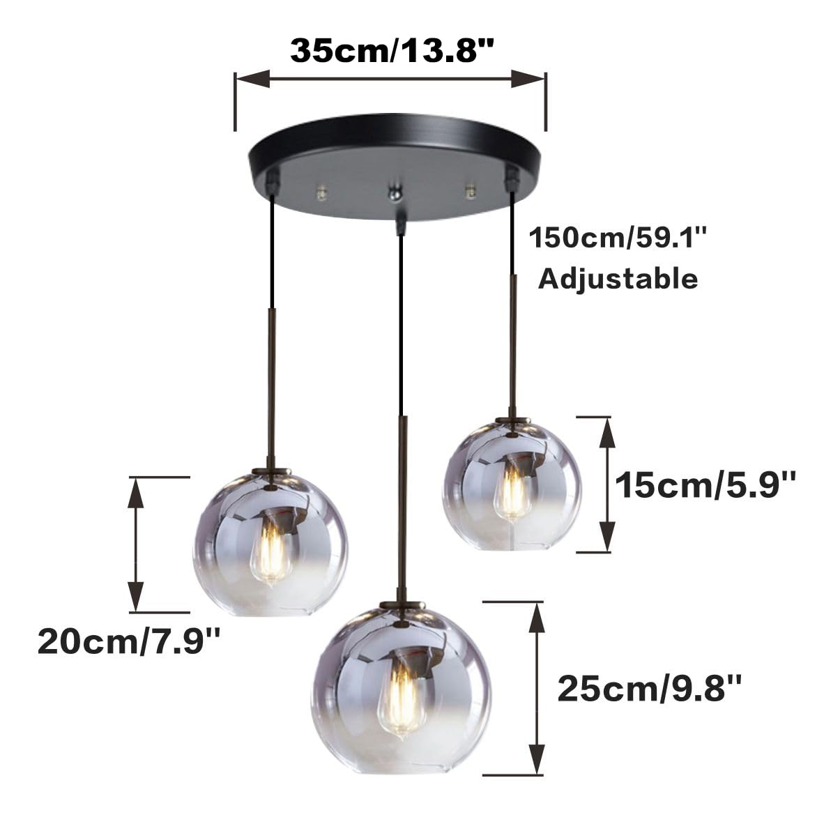 KCO Lighting Suspension en grappe dorée à 3 lampes Suspension en grappe Grandes suspensions en verre Lustre à bulles pour îlot de cuisine Suspension moderne du milieu du siècle 