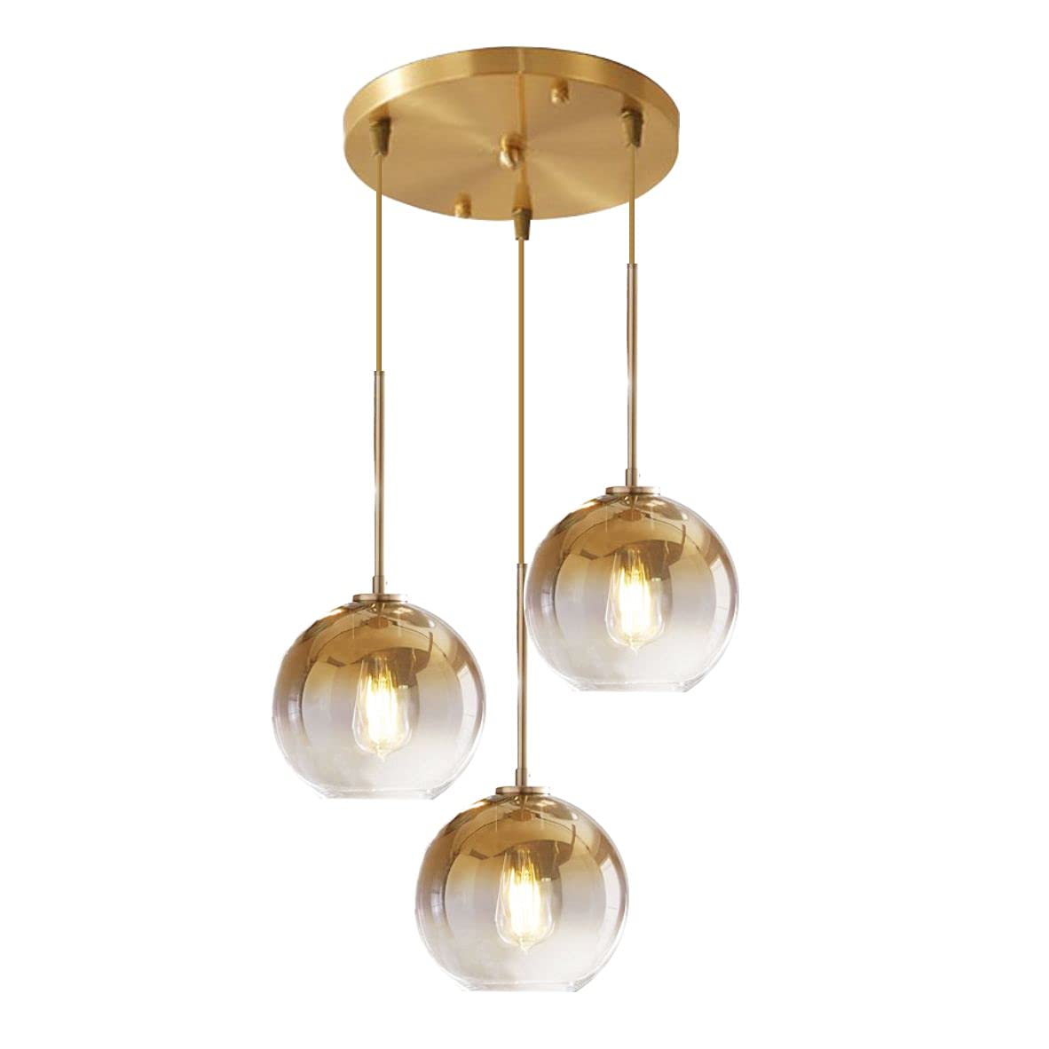 KCO Lighting Suspension en grappe dorée à 3 lampes Suspension en grappe Grandes suspensions en verre Lustre à bulles pour îlot de cuisine Suspension moderne du milieu du siècle 