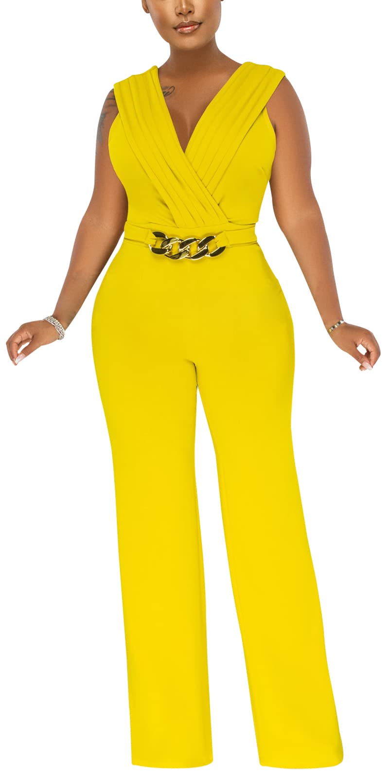 Women's Summer Formal Dressy Jumpsuits Elegant V Neck Sleeveless Party Rompers Stretchy Wrap Wide Leg Long Pants Clubwear