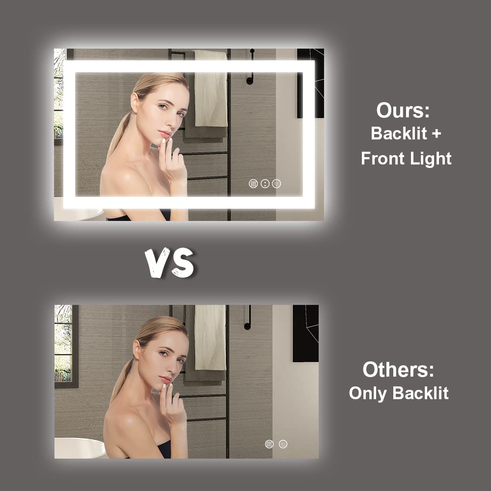 Amorho 20"x 28" LED Bathroom Mirror with Black Frame, Front Light and Backlit(Controlled Separately), Stepless Dimmable, Anti-Fog, Shatter-Proof, 3 Colors, Memory