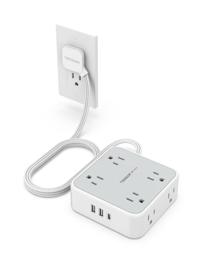 Surge Protector Flat Extension Cord Flat Plug Power Strip, 8 AC Outlets, 3 USB Charger(1 USB C Port) 3-Sided Outlet Extender, 5 Ft, 900 Joules Protection