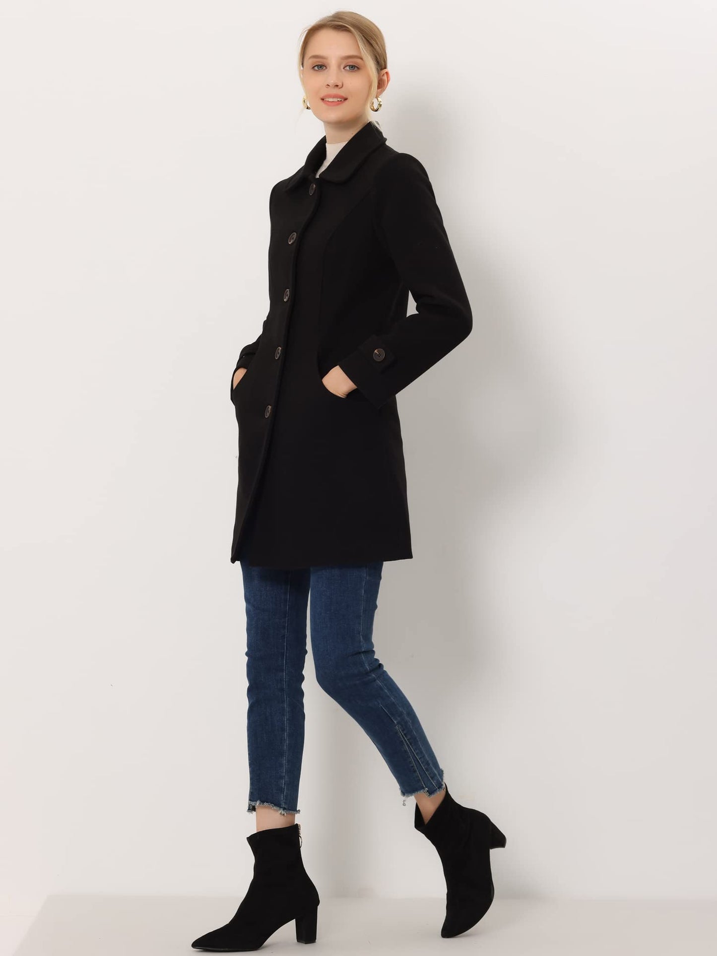 Allegra K Damen Winter Oberbekleidung Mantel Peter Pan Kragen Mitte Oberschenkel A-Linie Einreihig Pea Coat